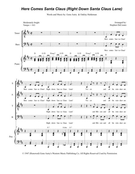 Here Comes Santa Claus Right Down Santa Claus Lane For Vocal Quartet Satb Sheet Music