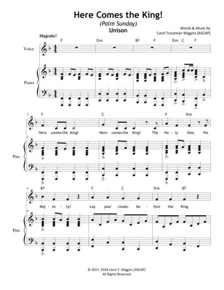 Here Comes The King Palm Sunday Unison Sheet Music