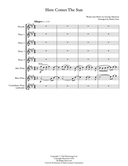 Here Comes The Sun Flute Choir Sheet Music