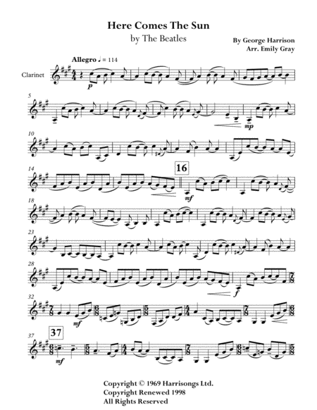 Here Comes The Sun Solo Clarinet Sheet Music