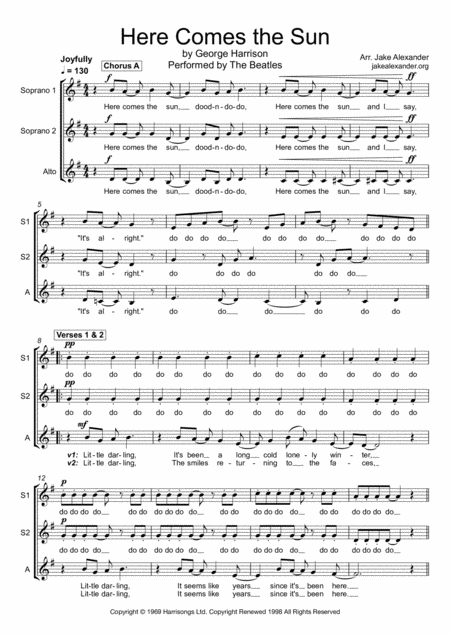 Free Sheet Music Here Comes The Sun Ssa A Cappella