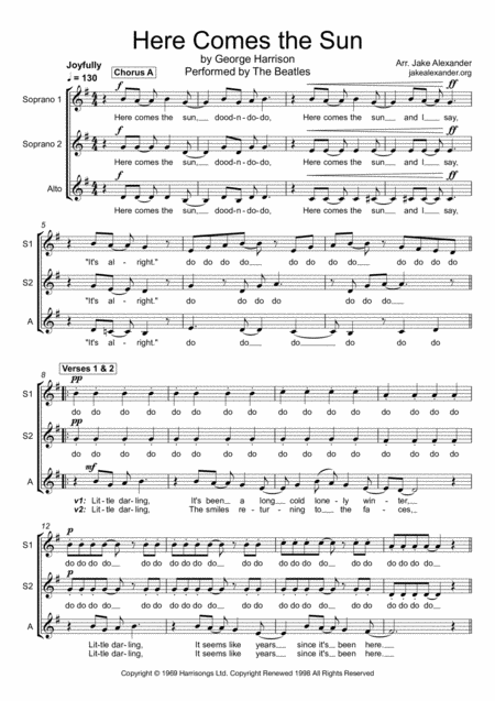 Here Comes The Sun Ssa A Cappella Sheet Music