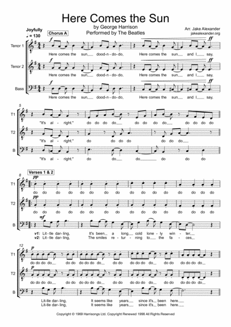 Free Sheet Music Here Comes The Sun Ttb A Cappella