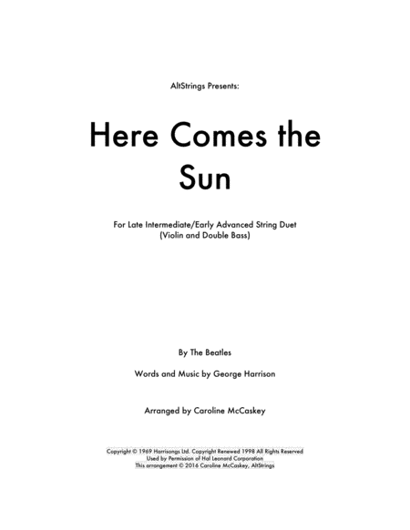 Here Comes The Sun Violin And Double Bass Duet Sheet Music