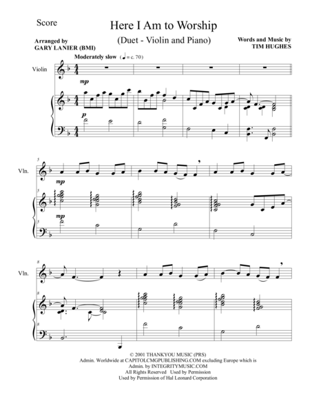 Free Sheet Music Here I Am To Worship Duet Violin And Piano Score And Parts