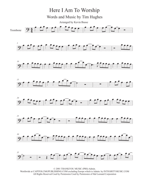 Here I Am To Worship Easy Key Of C Trombone Sheet Music