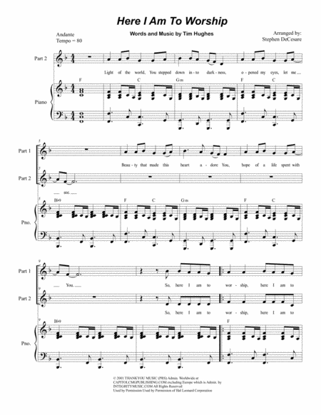 Free Sheet Music Here I Am To Worship For 2 Part Choir