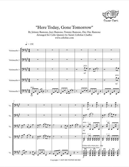 Here Today Gone Tomorrow Cello Quintet Ramones Arr Cellobat Recording Available Sheet Music