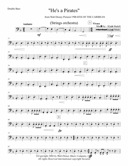 Hes A Pirates From Pirates Of The Caribbean The Curse Of The Black Pearl Double Bass Sheet Music