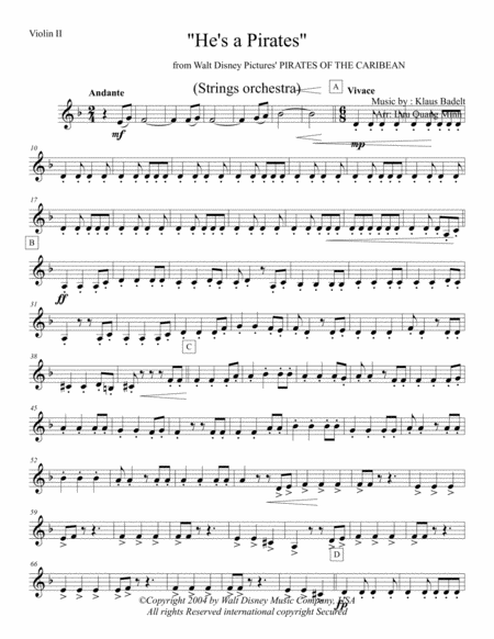 Hes A Pirates From Pirates Of The Caribbean The Curse Of The Black Pearl Violin Ii Sheet Music