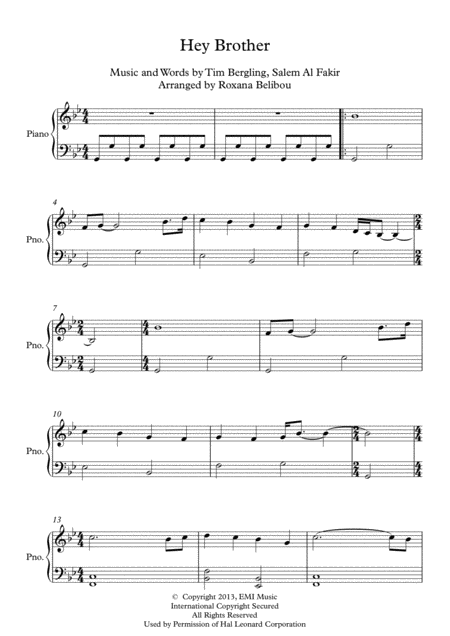 Free Sheet Music Hey Brother By Avicii Easy Piano