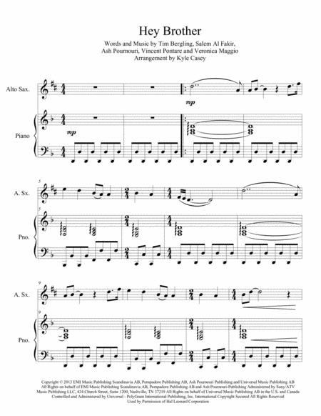 Free Sheet Music Hey Brother For Alto Or Bari Sax And Piano