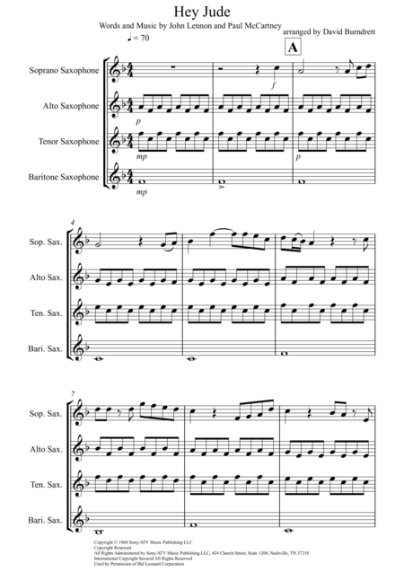 Hey Jude For Saxophone Quartet Sheet Music