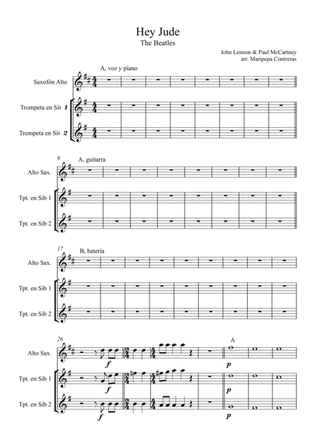 Hey Jude Wind Section Alto Saxophone And Two Trumpets Sheet Music