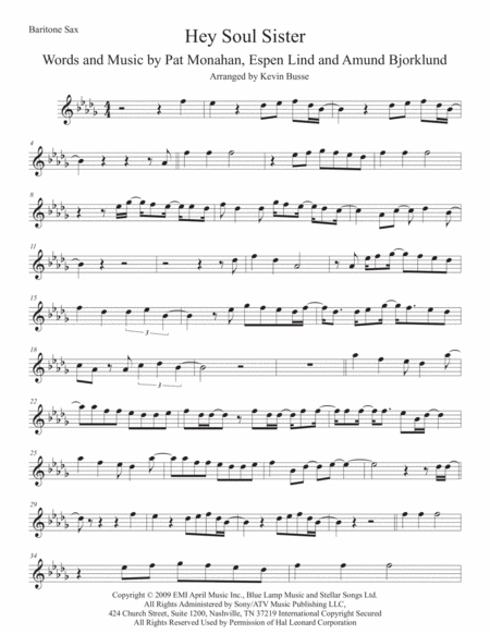 Hey Soul Sister Bari Sax Original Key Sheet Music