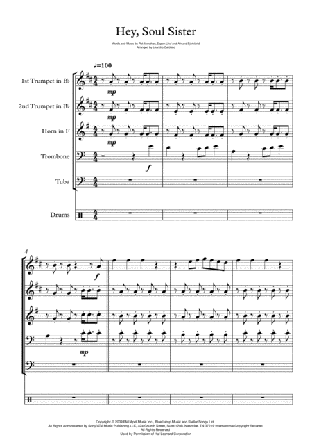 Hey Soul Sister Brass Quintet Sheet Music