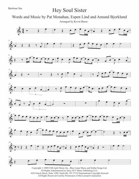 Hey Soul Sister Easy Key Of C Bari Sax Sheet Music