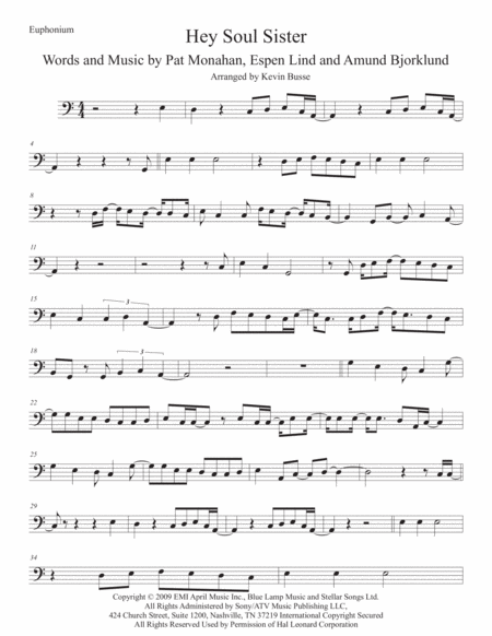 Hey Soul Sister Easy Key Of C Euphonium Sheet Music