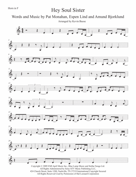 Hey Soul Sister Horn In F Sheet Music