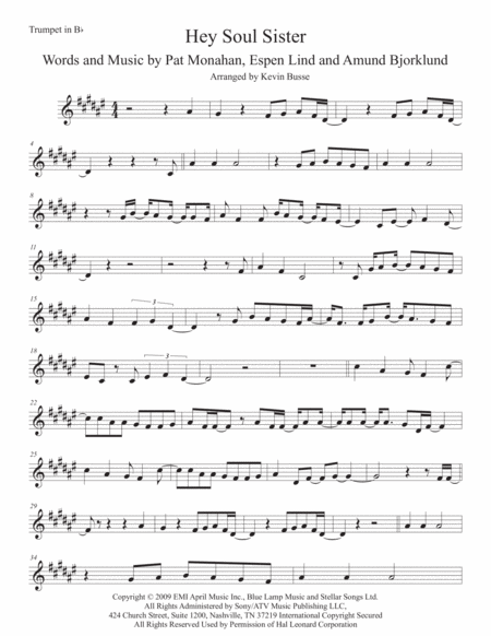 Hey Soul Sister Trumpet Original Key Sheet Music