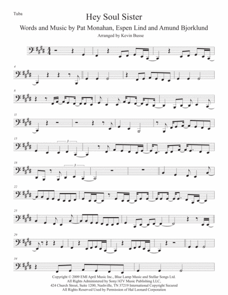 Free Sheet Music Hey Soul Sister Tuba Original Key