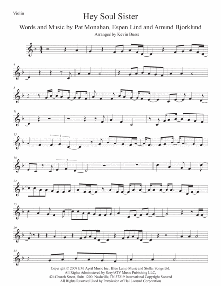 Hey Soul Sister Violin Sheet Music