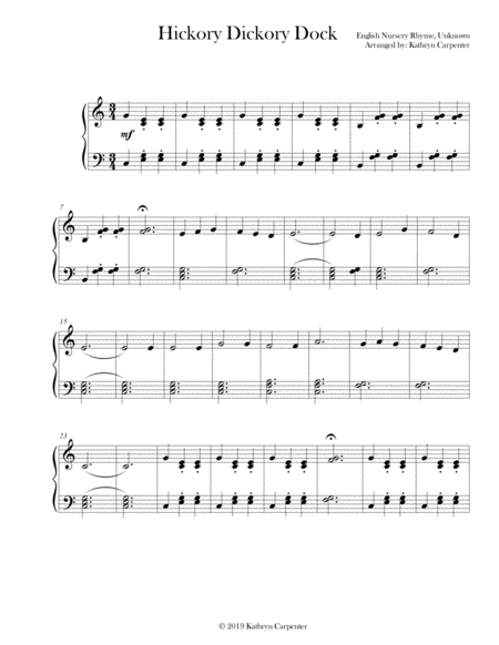 Hickory Dickory Dock Easy Piano Sheet Music