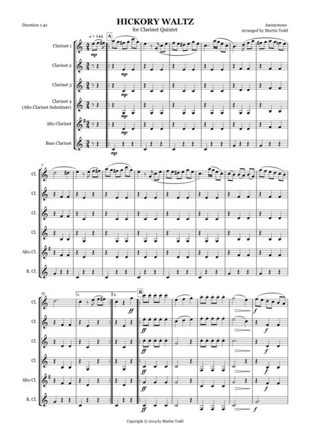 Hickory Waltz For Clarinet Quintet Sheet Music