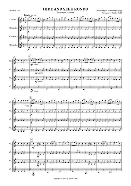 Hide And Seek Rondo For Four Clarinets Sheet Music