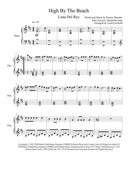 High By The Beach Piano Solo Sheet Music