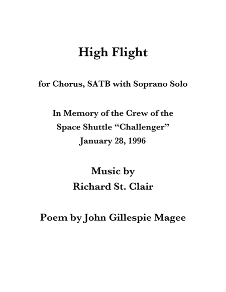 High Flight For Chorus Satb In Memory Of The Shuttle Challenger Crew 1986 1996 Sheet Music