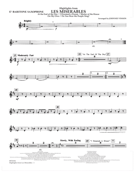 Free Sheet Music Highlights From Les Misrables Arr Johnnie Vinson Eb Baritone Sax