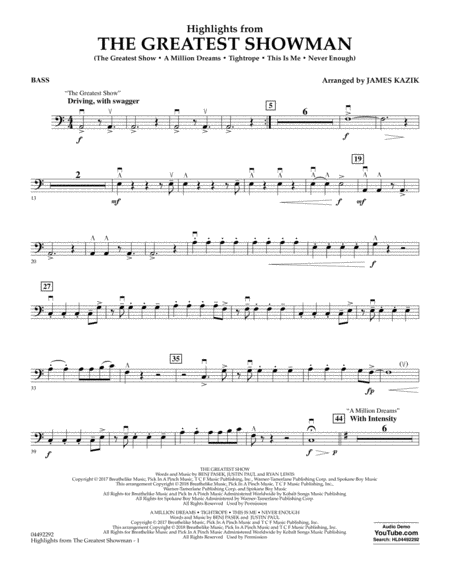 Free Sheet Music Highlights From The Greatest Showman Arr James Kazik Bass