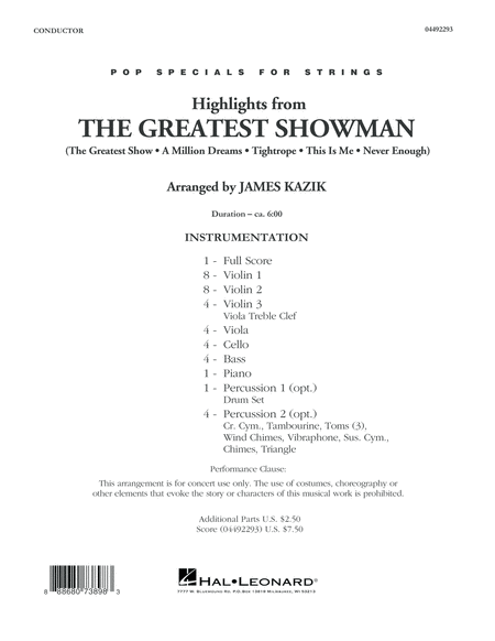 Highlights From The Greatest Showman Arr James Kazik Conductor Score Full Score Sheet Music