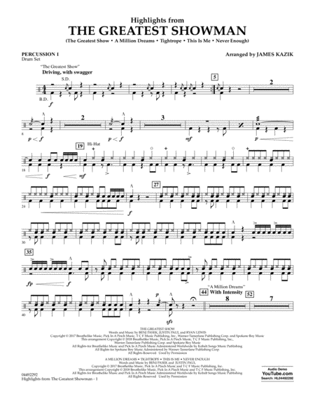 Free Sheet Music Highlights From The Greatest Showman Arr James Kazik Percussion 1