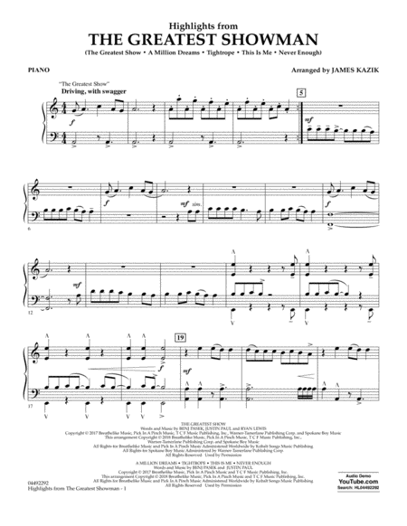 Highlights From The Greatest Showman Arr James Kazik Piano Sheet Music