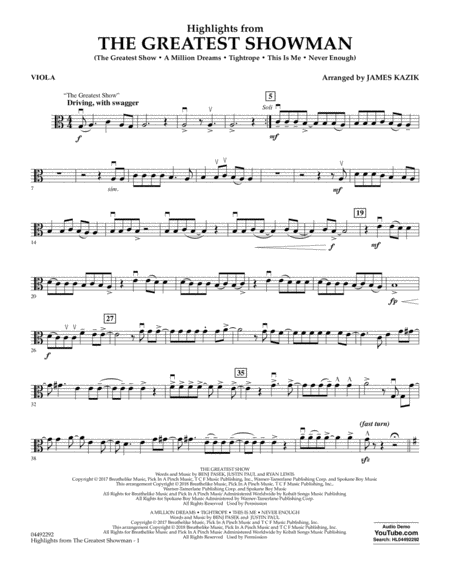 Highlights From The Greatest Showman Arr James Kazik Viola Sheet Music