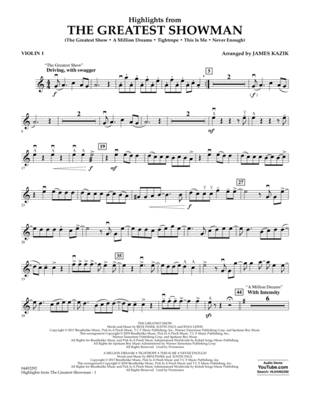 Free Sheet Music Highlights From The Greatest Showman Arr James Kazik Violin 1