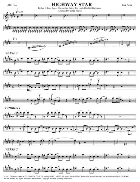 Free Sheet Music Highway Star Alto Sax