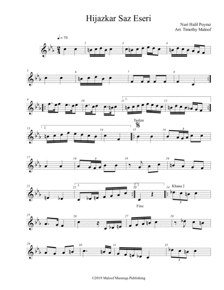 Free Sheet Music Hijazkar Saz Eseri