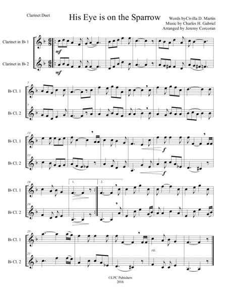 Free Sheet Music His Eye Is On The Sparrow Clarinet Duet