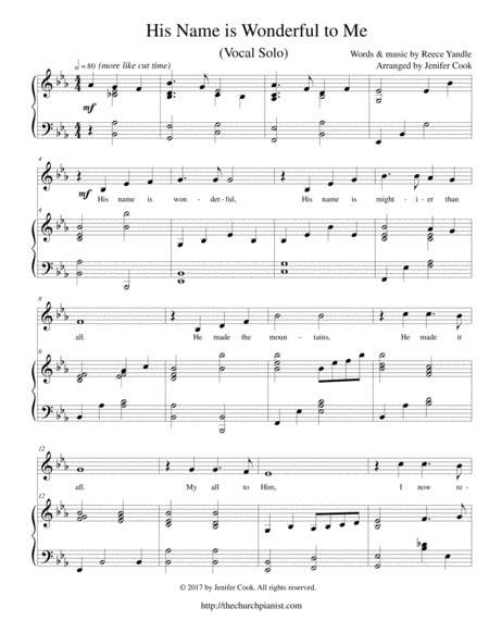 Free Sheet Music His Name Is Wonderful To Me Key Of E Flat