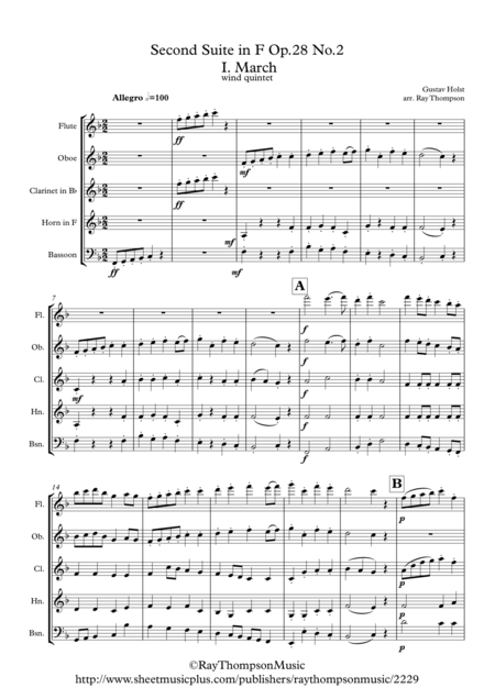 Free Sheet Music Holst 2nd Suite In F Op 28 No 2 Mvt I March Wind Quintet