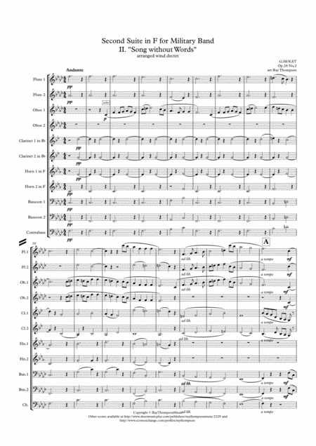 Holst 2nd Suite In F Op 28 No 2 Mvt Ii Song Without Words Wind Dectet Sheet Music