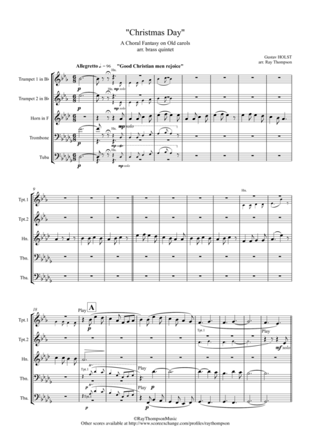 Holst Christmas Day A Choral Fantasy On Old Carols Symphonic Brass Quintet Sheet Music