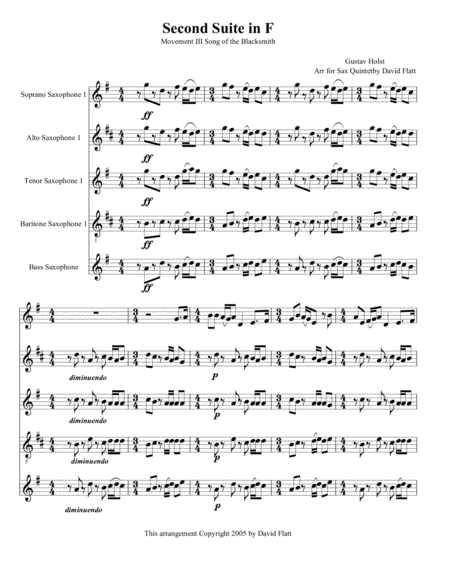 Holst Suite In F Movement 3 Song Of The Blacksmith For Sax Quintet Sheet Music