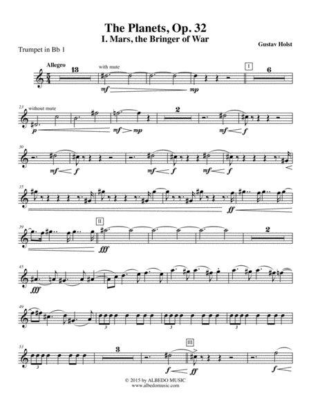 Holst The Planets I Mars The Bringer Of War Trumpet In Bb 1 Transposed Part Op 32 Sheet Music