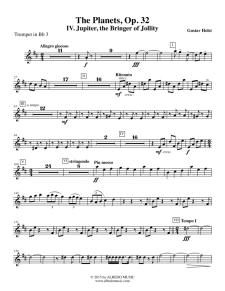 Free Sheet Music Holst The Planets Iv Jupiter The Bringer Of Jollity Trumpet In Bb 3 Transposed Part Op 32