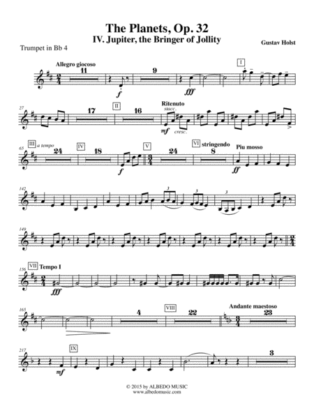 Free Sheet Music Holst The Planets Iv Jupiter The Bringer Of Jollity Trumpet In Bb 4 Transposed Part Op 32