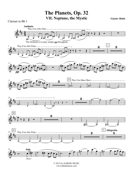 Free Sheet Music Holst The Planets Vii Neptune The Mystic Clarinet In Bb 1 Transposed Part Op 32